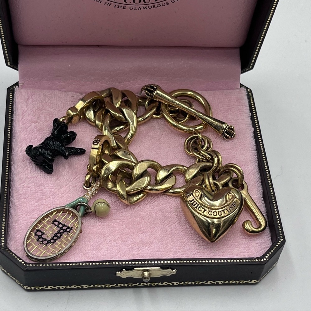 Juicy‎ Couture Puffed Tennis Racquet Scottie Dog Heart Toggle Gold Tone Bracelet